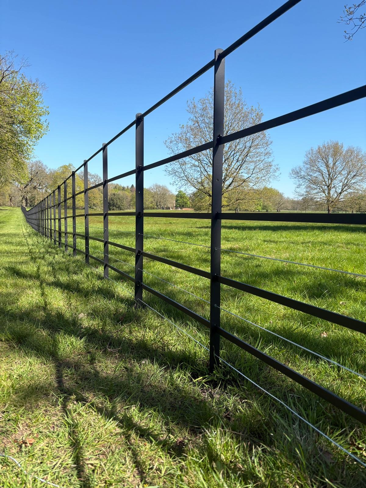 Long run of traditional estate railings installed by Tatton Fencing across parkland